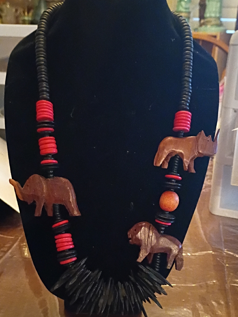 Hand-Carved Wooden Animal Statement Necklace - Black & Red